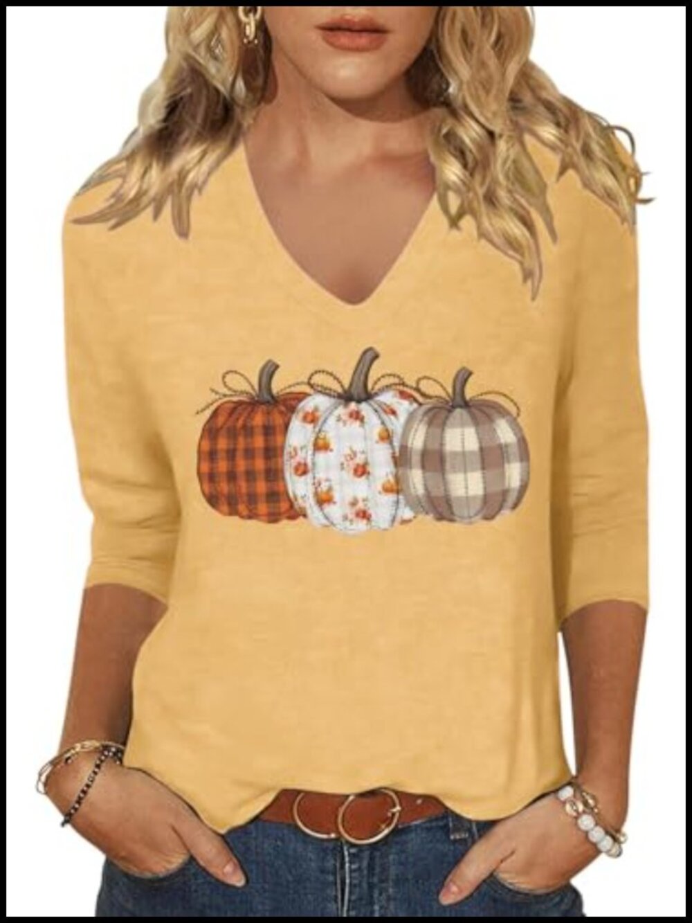 Women's 3/4 Sleeve V-Neck Cotton Blend T-Shirt, Plaid Pumpkin Print Top